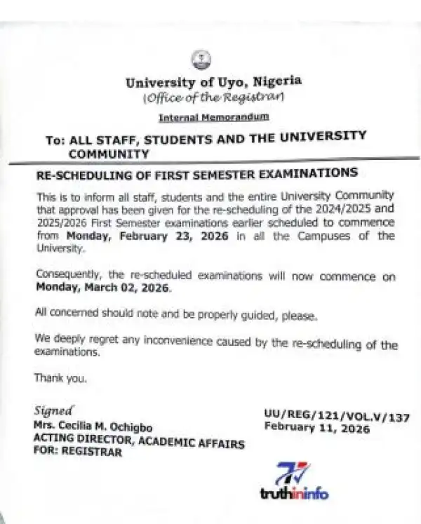 UNIUYO reschedules 1st semester examinations, 2024/2025 and 2025/2026 sessions