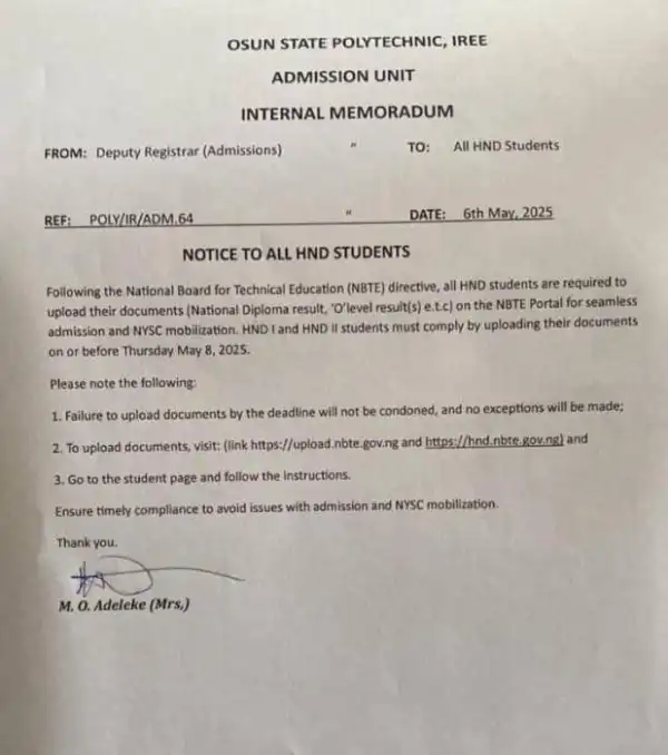 OSPOLY notice to all HND students