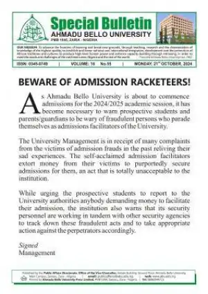 ABU warns prospective students against admission racketeers!