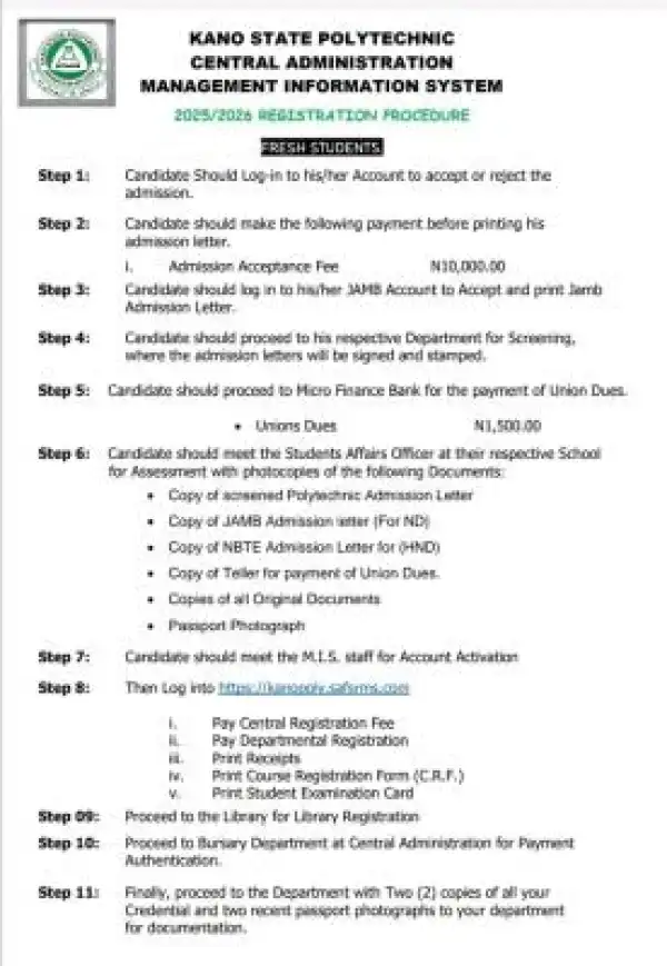 Kano State Polytechnic Registration steps for fresh students, 2025/2026