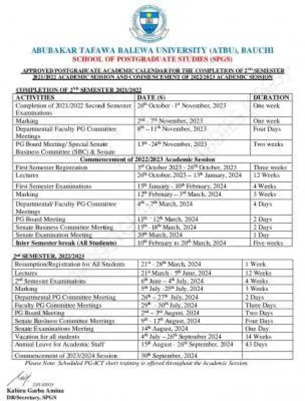 ATBU postgraduate academic calendar for completion of 2nd semester, 2021/2022