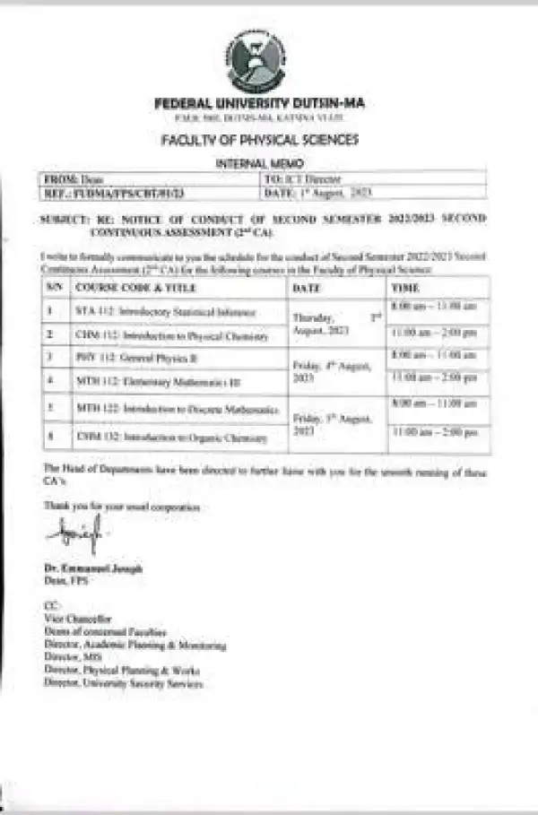 FUDUTSIN-MA second semester 2nd CA schedule for Faculty of Physical Sciences, 2022/2023 session