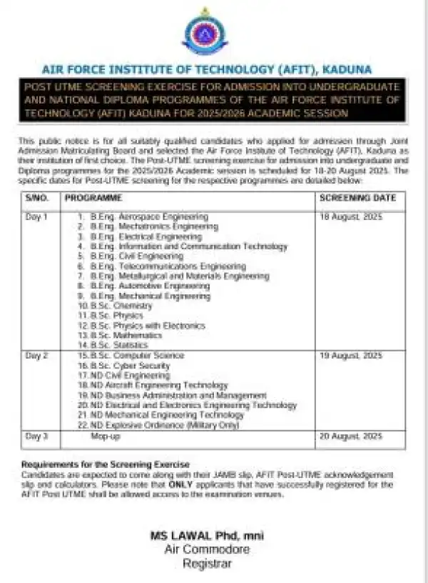 AFIT Post-UTME screening schedule, 2025/2026