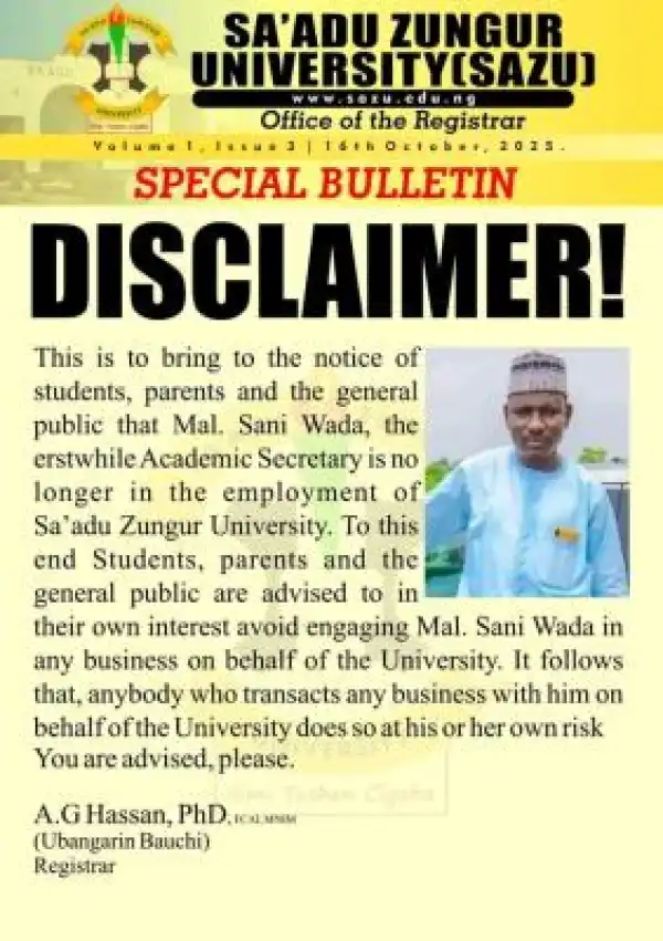 SAZU issues disclaimer on former staff member