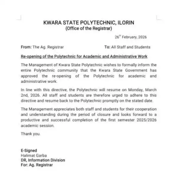 KWARAPOLY resumes academic and adminstrative activities March 2
