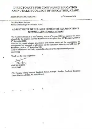 Aminu Saleh College of Education notice on summer semester exam