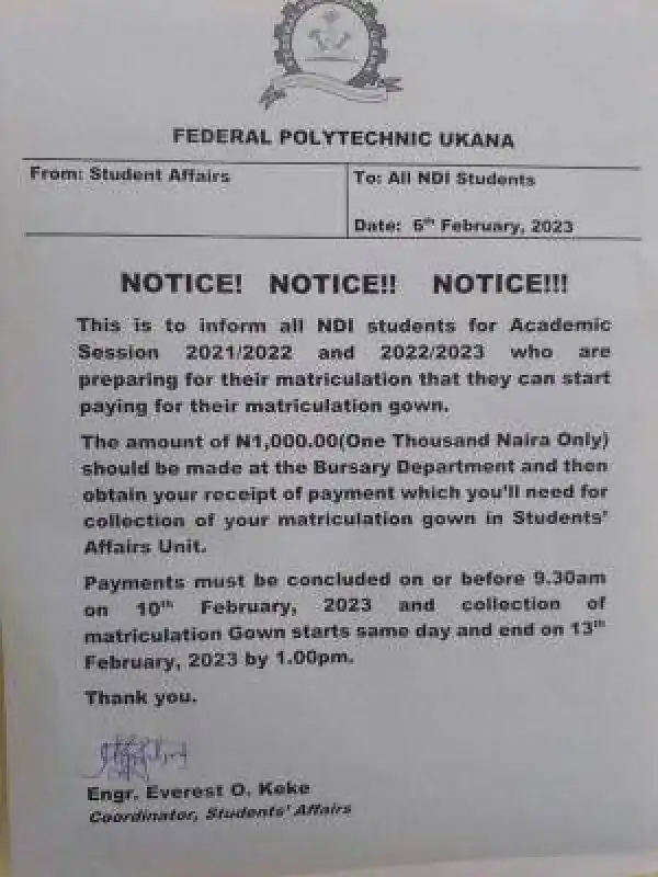 Fed Poly Ukana notice to NDI students on collection of matriculation gown