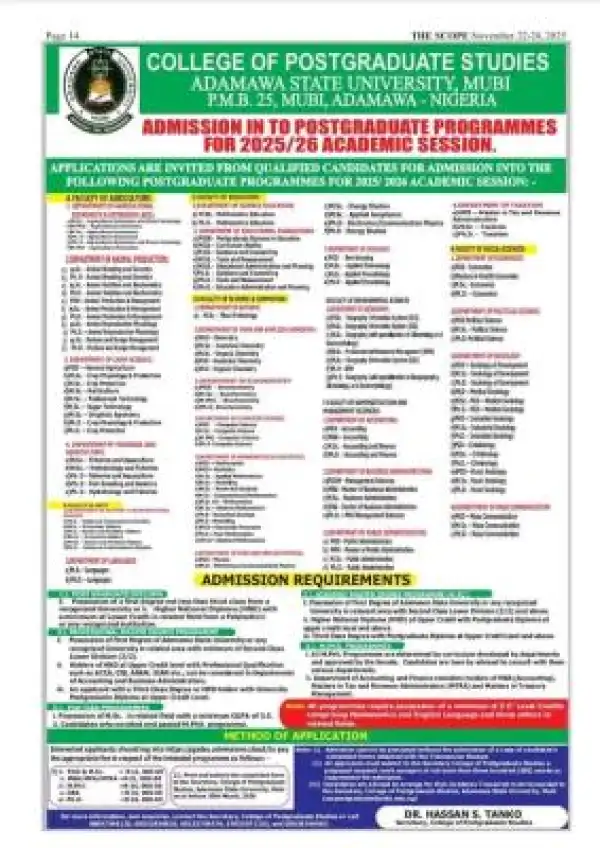 ADSU postgraduate programmes admission for 2025/2026 Session