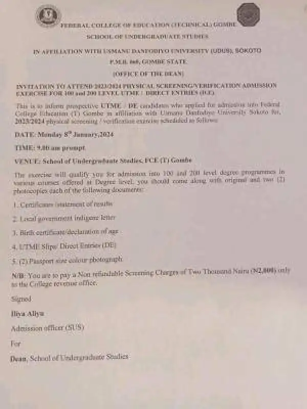 FCE Tech Gombe in affiliation with UDUS physical screening/verification for UTME/DE, 2023/2024