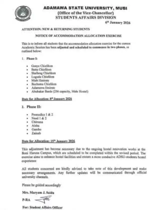 ADSU announces revised hostel accommodation allocation schedule