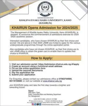 Khalifa Isyaku Rabiu University, Kano releases Post UTME admission form, 2024/2025