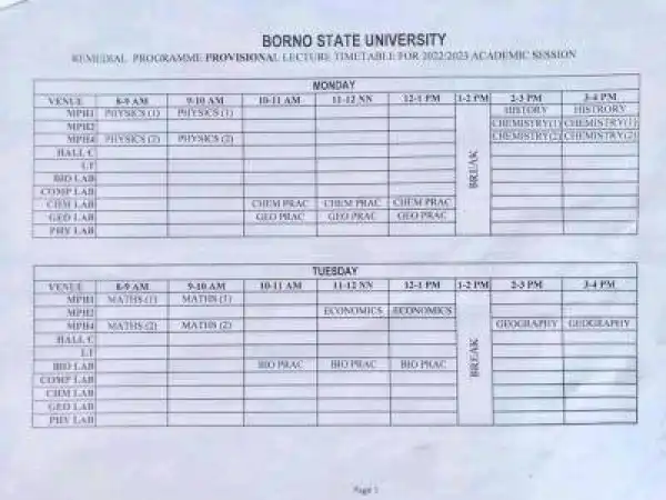 BOSU Remedial programme lecture timetable, 2022/2023