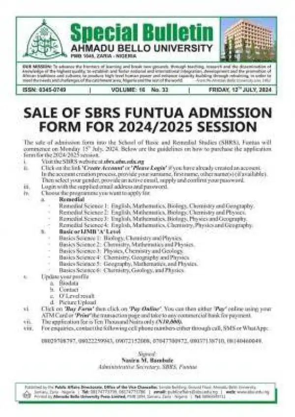 ABU Zaria School of Remedial & Basic Studies Funtua releases admission form, 2024/2025