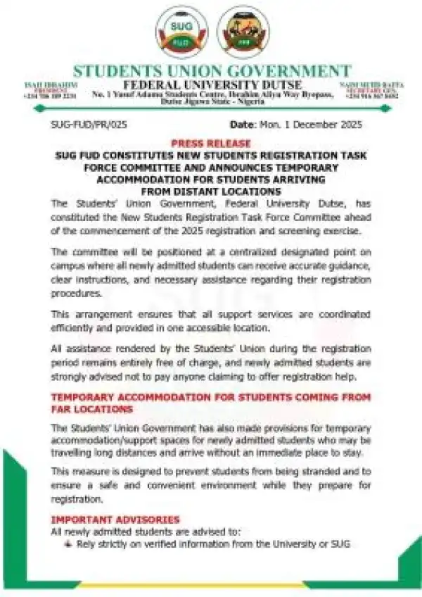 FUDutse SUG notice to new students coming for registration exercise, 2025/2026