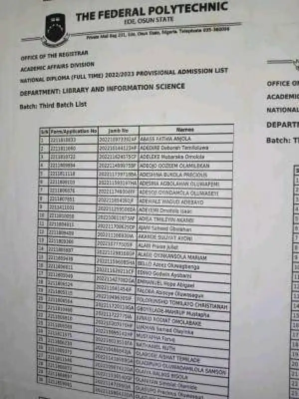EDEPOLY ND 3rd batch Full-Time Admission List, 2022/2023
