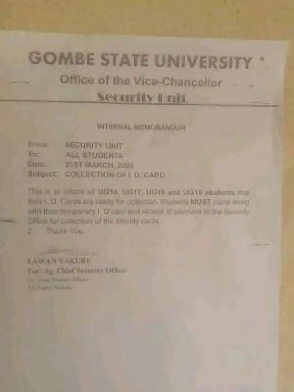 GOMSU notice to students on collection of I.D Card
