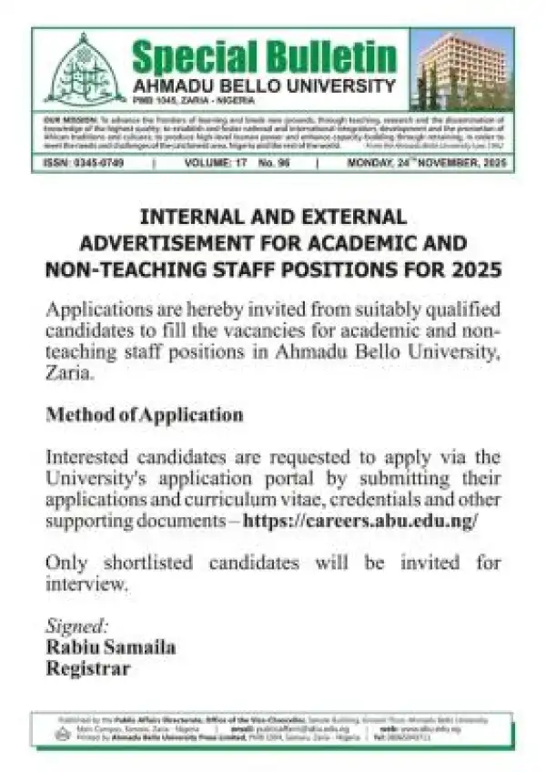 ABU academic and non-teaching staff recruitment, 2025