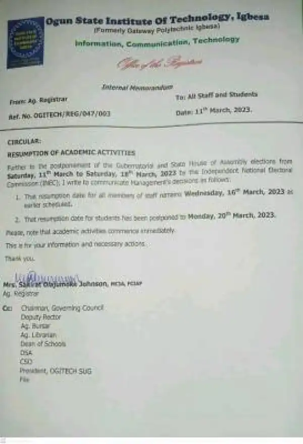 OGITECH notice on resumption of academic activities
