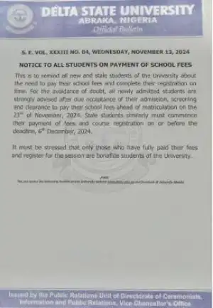 DELSU issues important notice to students on payment of school fees