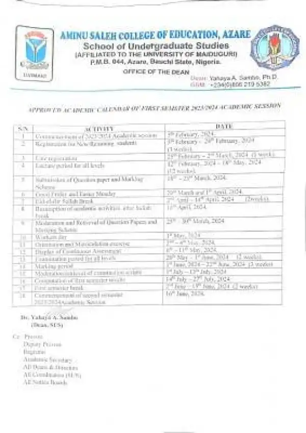 Aminu Saleh COE affiliate UNIMAID approved academic calendar for 1st semester, 2023/2024