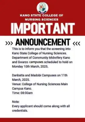 Kano State College of Nursing Sciences screening exercise for Community Midwifery, 2025