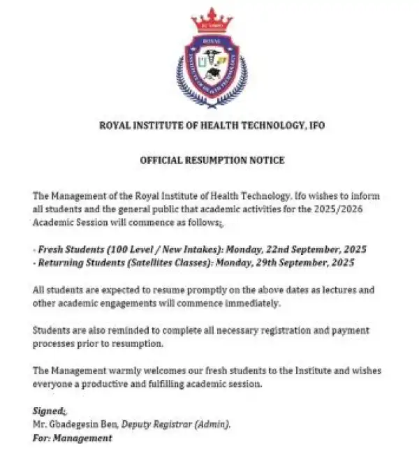 Royal Institute of Health Tech. Ifo issues notice on resumption of academic activities, 2025/2026