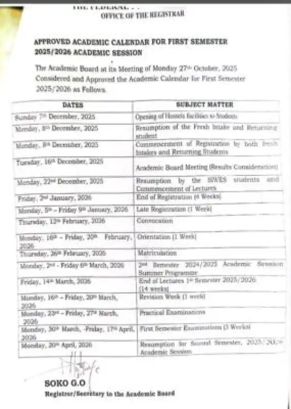 Fed Poly Offa approved academic calendar, 2025/2026