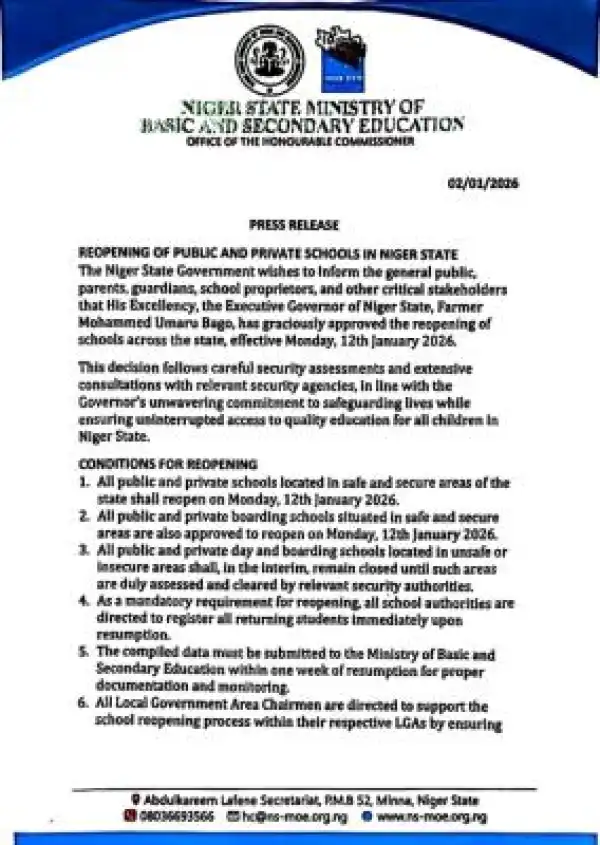Niger State approves reopening or schools, set condition for safety