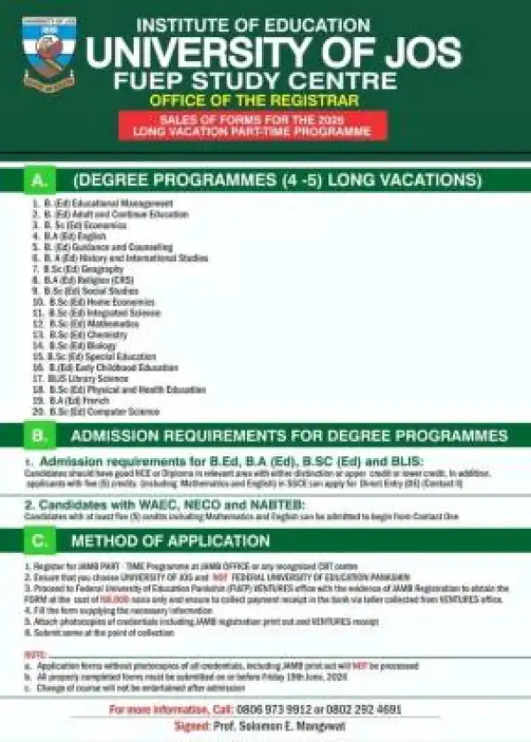 UNIJOS Sales of Forms for the 2026 Long Vacation Part-Time Programme