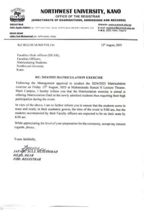 Northwest University Kano announces matriculation ceremony, 2024/2025