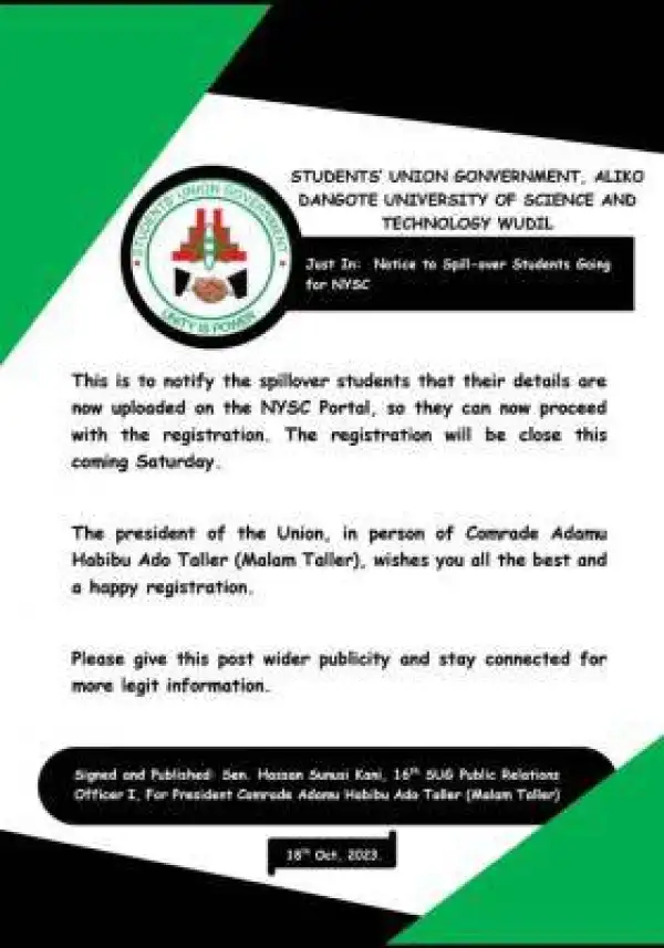 Aliko Dangote University of Science & Tech Notice to Spill-over Students Going for NYSC