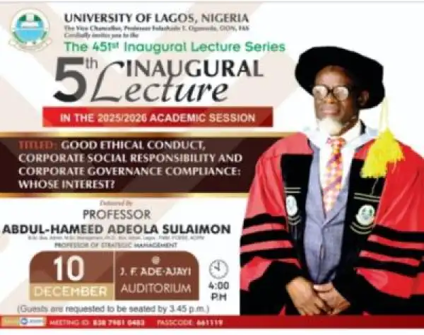 UNILAG holds 451st Inaugural Lecture on December 10