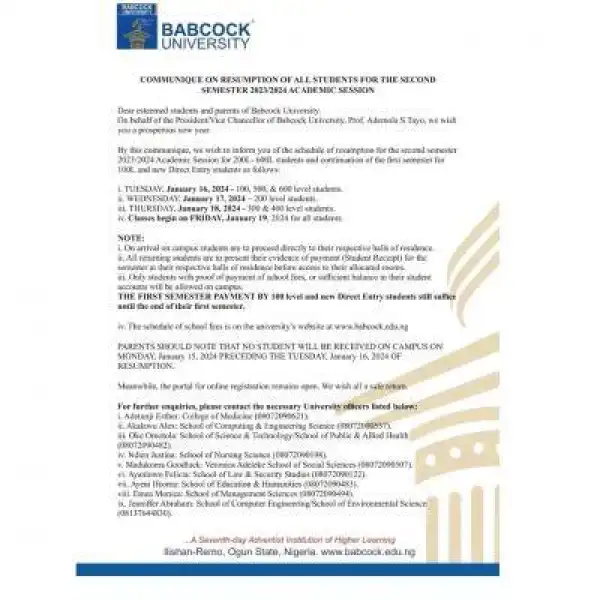 Babcock University notice of resumption for 2nd semester, 2023/2024