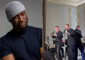 Singer Peter Okoye reacts as French band performs P-Square’s ‘Testimony’ at Paris state dinner