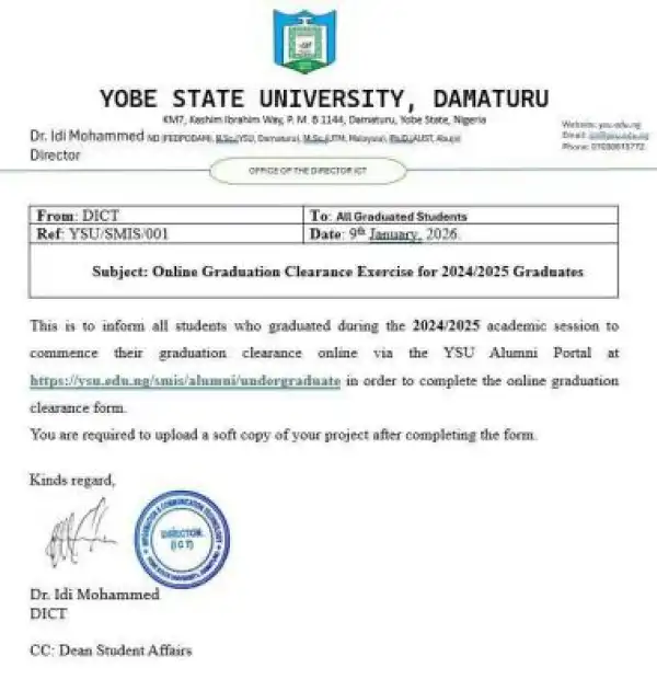 YSU announces online graduation clearance exercise for 2024/2025 graduates