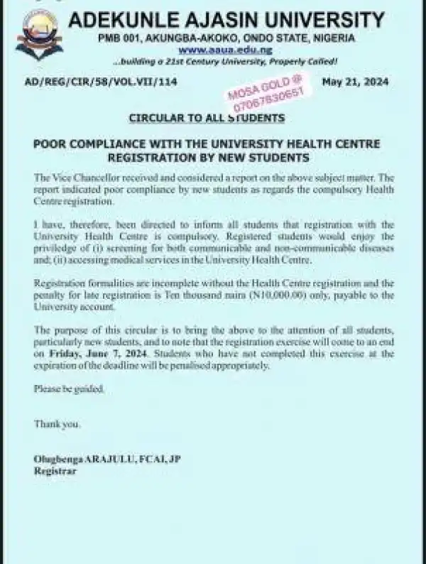 AAUA notice of health center registration by new students