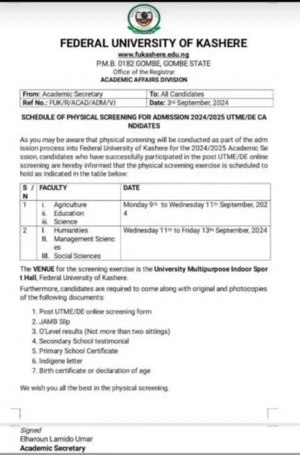 FUKASHERE schedule of physical screening exercise for applicants, 2024/2025
