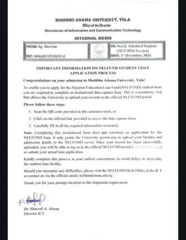 MAUTECH notice to new students on NELFUND application process