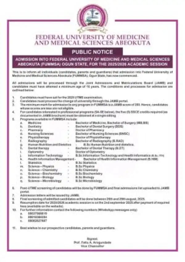 Federal University of Medicine and Medical Sciences Abeokuta Post UTME registration, 2025/2026