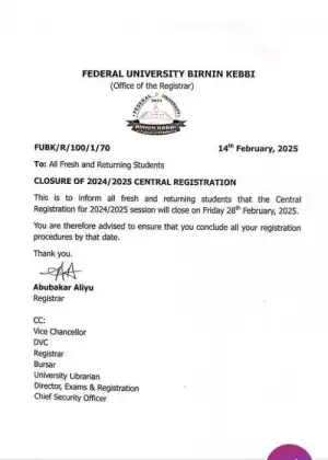 FUBK notice on deadline for registration, 2024/2025