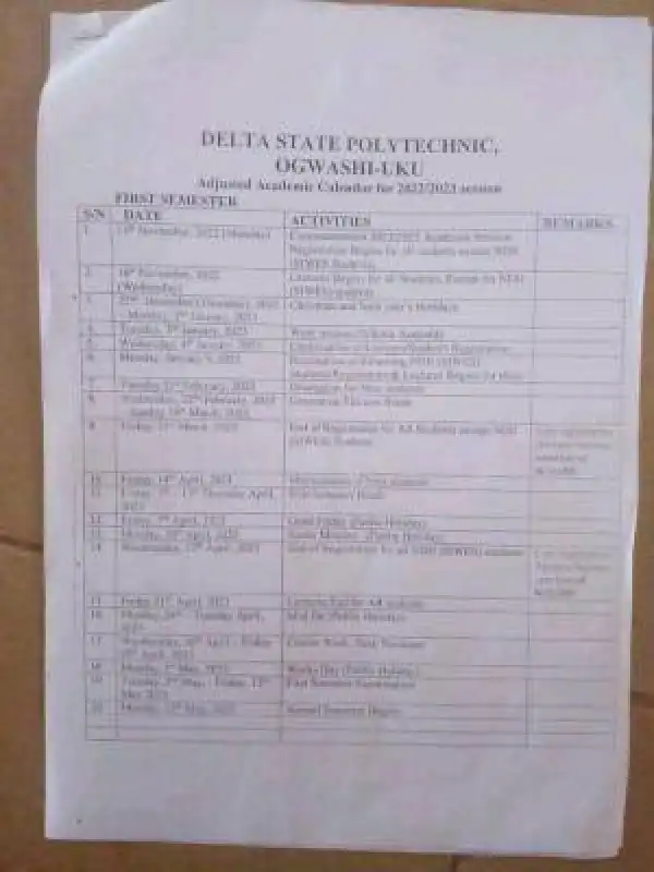 Delta Poly Ogwashiuku adjusted academic calendar, 2022/2023