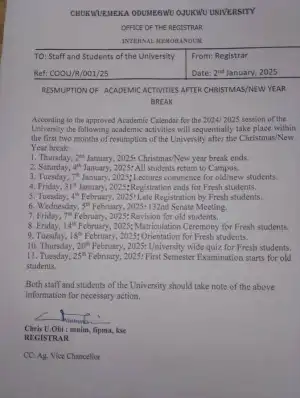 COOU announces resumption of academic activities for the 2024/2025 session