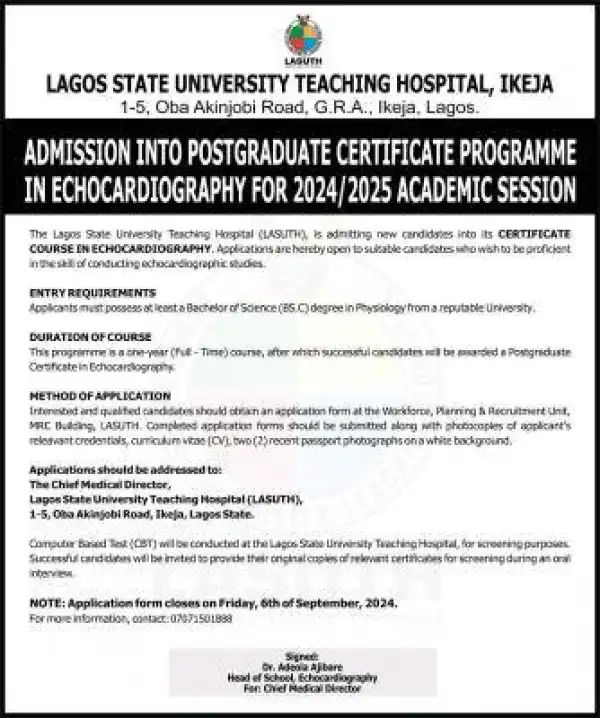 LASUTH admission into Postgraduate certificate in Echocardiography, 2024/2025