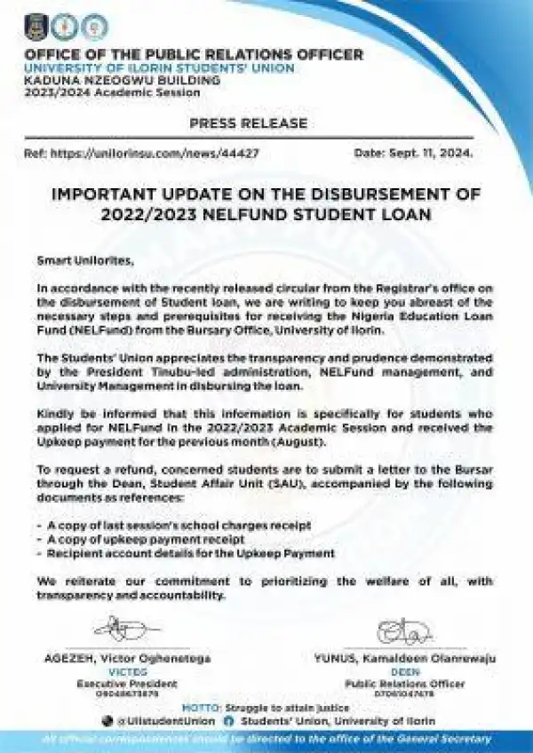 UNILORIN SUG update to students on disbursement of 2022/2023 NELFUND loan