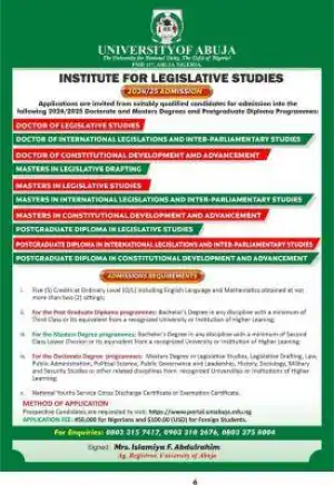 UNIABUJA Institute for legislative studies releases admission form, 2024/2025