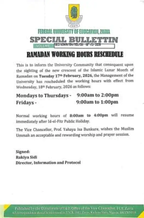 FUED, Zaria adjusts working hours for 2026 Ramadan