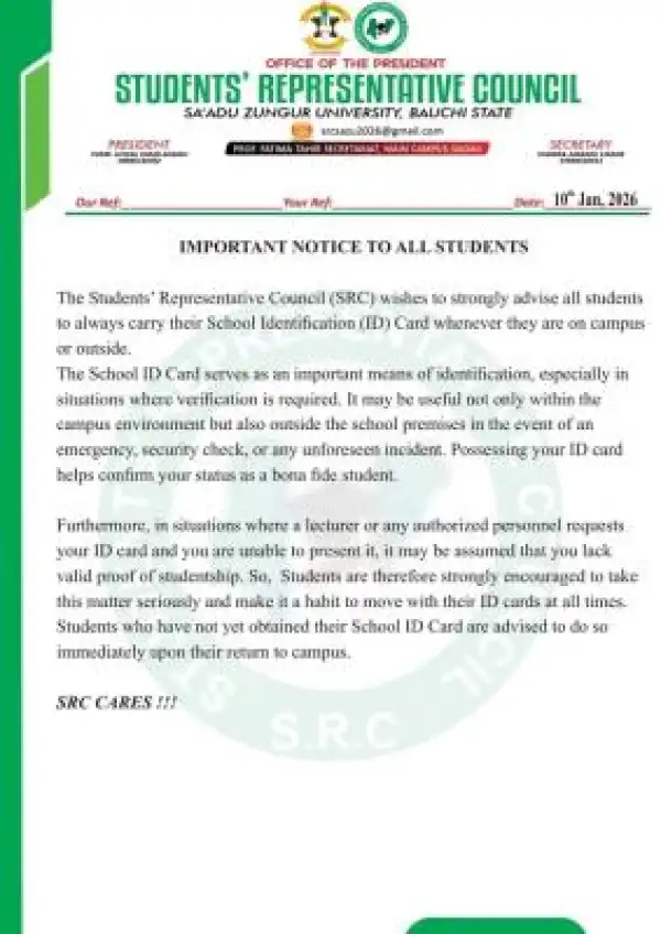 Saa’adu Zungur University SRC notice to students on the use of ID Cards
