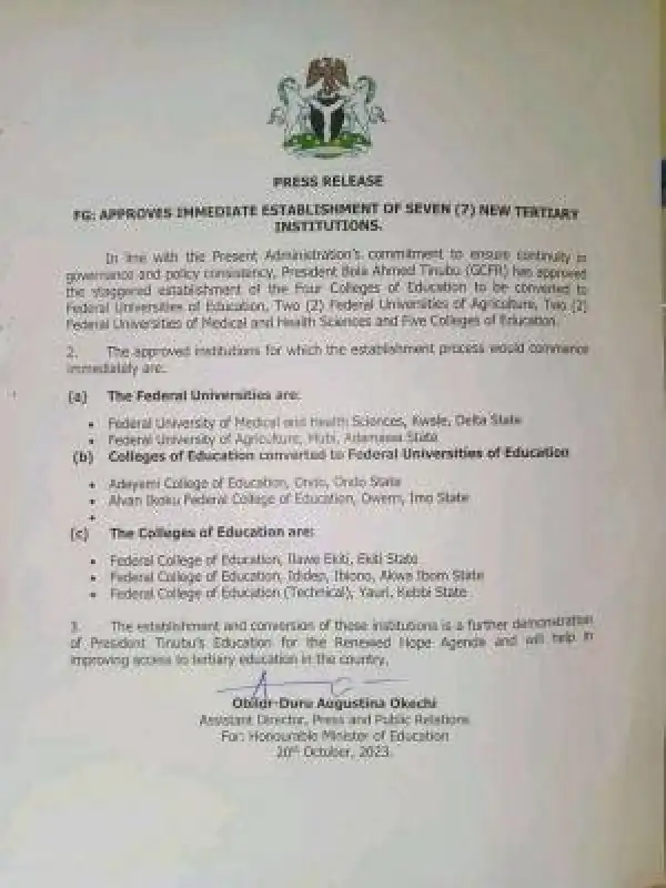 Federal Government approves establishment of 7 new tertiary institutions
