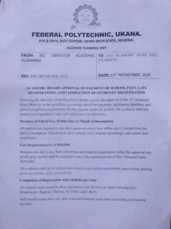 Fed Poly, Ukana announces new directive on school fees and registration