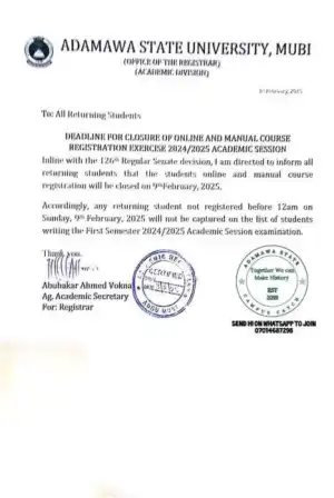 ADSU course registration deadline for returning students, 2024/2025